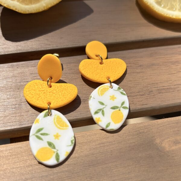 Boucles d'oreilles fait main en argile polymère, motif citron, acier inoxydable hypoallergénique